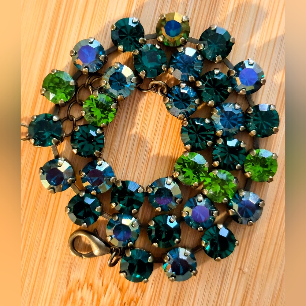 Green Emerald and Green AB Necklace and Earrings in Brass.